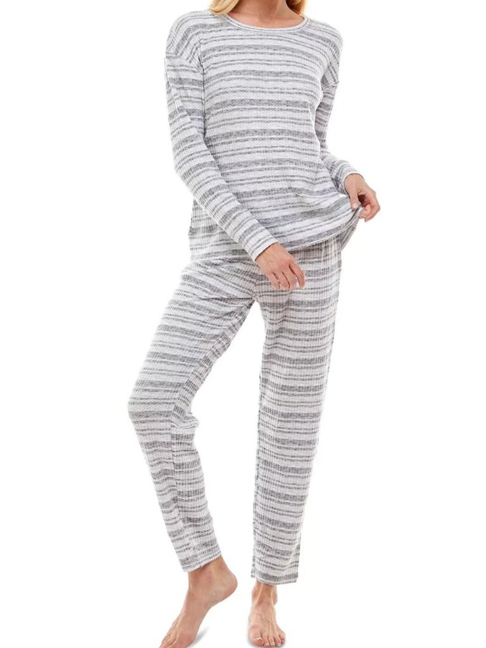Jaclyn Intimates Women's Fuzzy Waffle Knit 2-Piece Pajama Set, Gray Stripe, XL